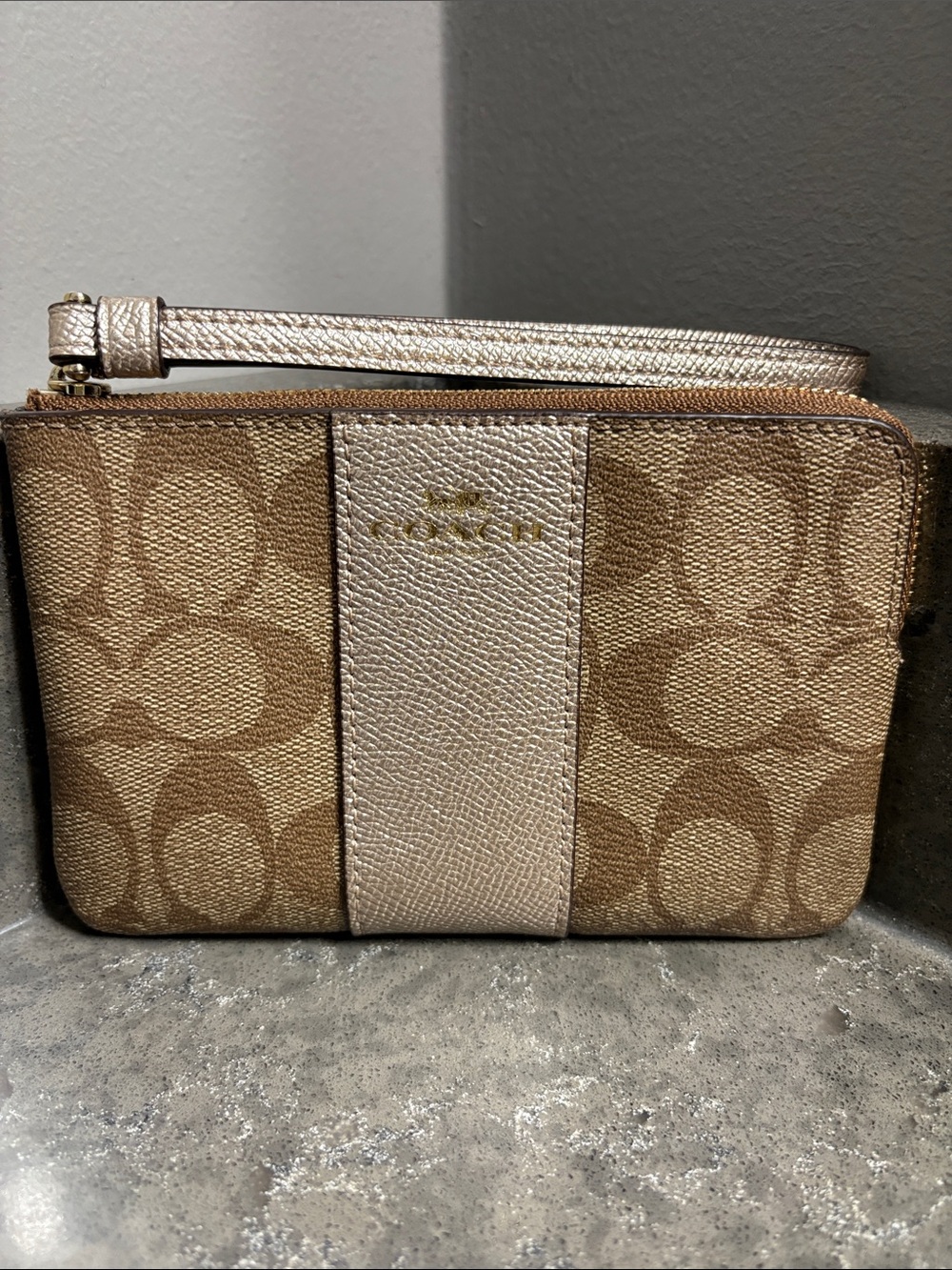 Coach Tan Signature Canvas Wristlet with Gold Metallic Stripe
